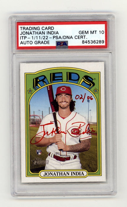 Jonathan India 2021 Topps Heritage High Number RC Red Ink #/6 Signed PSA 10 Auto