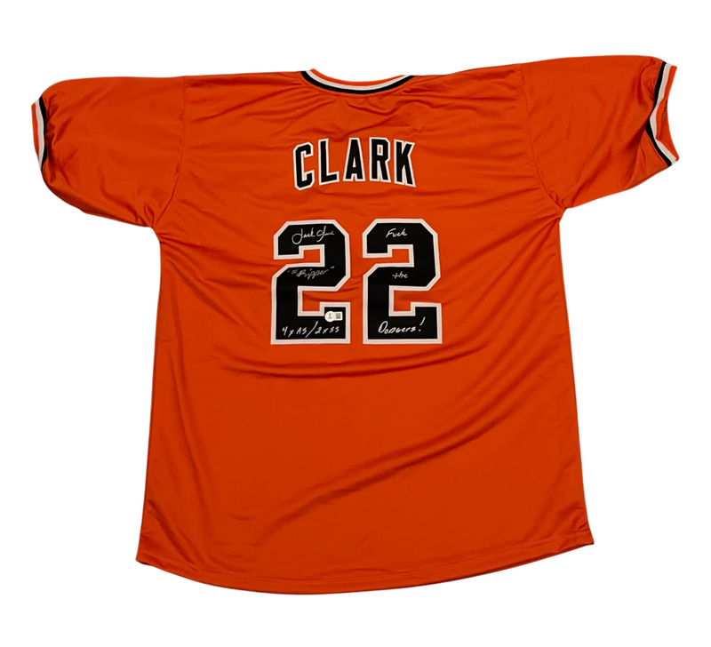 Jack Clark Signed SF Giants Custom Jersey w/ 4 Ins F**k LAD Beckett W BAS COA O