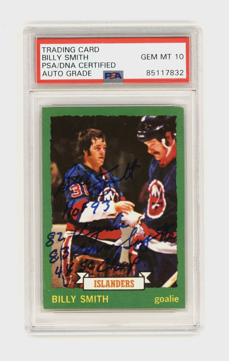 Billy Smith 1973-74 O-Pee-Chee #142 Signed Rookie RC 4 Ins PSA 10 Auto Islanders