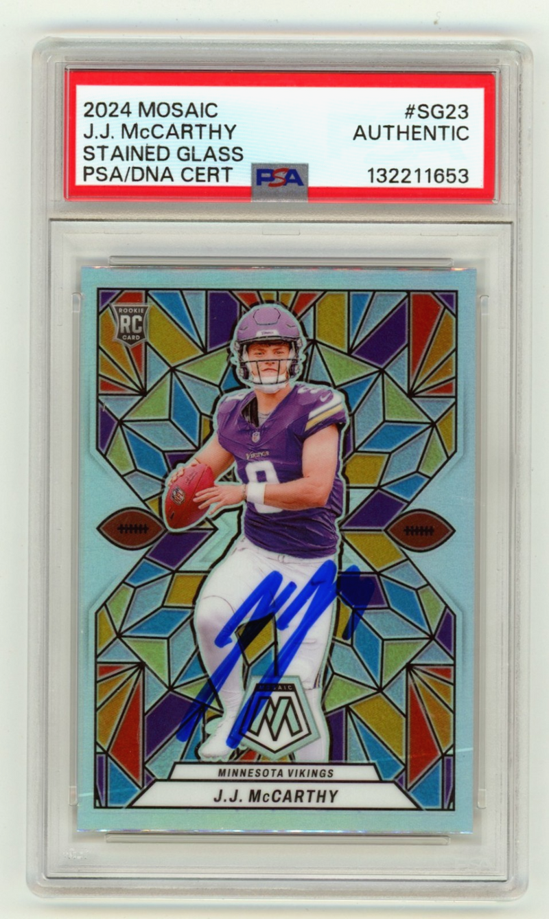 J.J. McCarthy 2024 Panini Mosaic Stained Glass Prizm Auto Case Hit RC PSA Auto