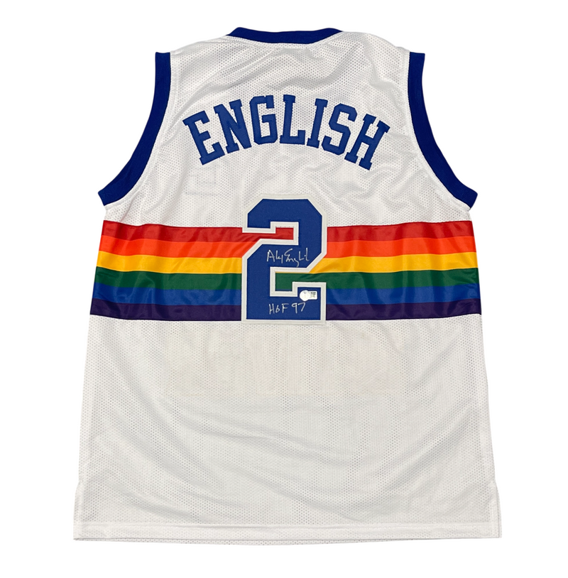 Alex English Signed Nuggets Custom Jersey w/ HOF 97 Beckett Witness BAS COA