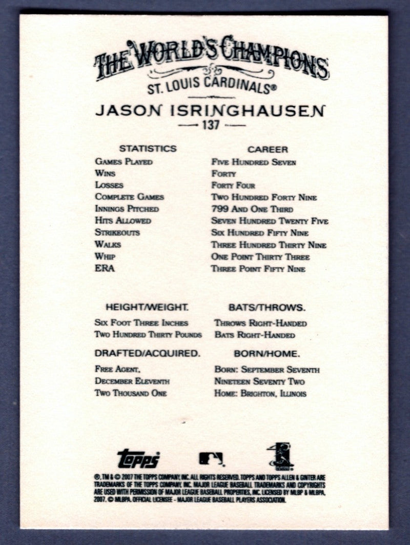 Jason Isringhausen Signed Autographed 2007 Topps Allen & Ginter #137 LSCM COA