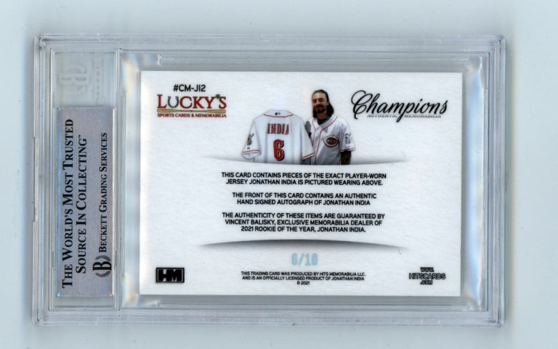 Jonathan India 2021 Hits Memorabilia Champions Patch Dual Auto RC #6/10 BGS BAS