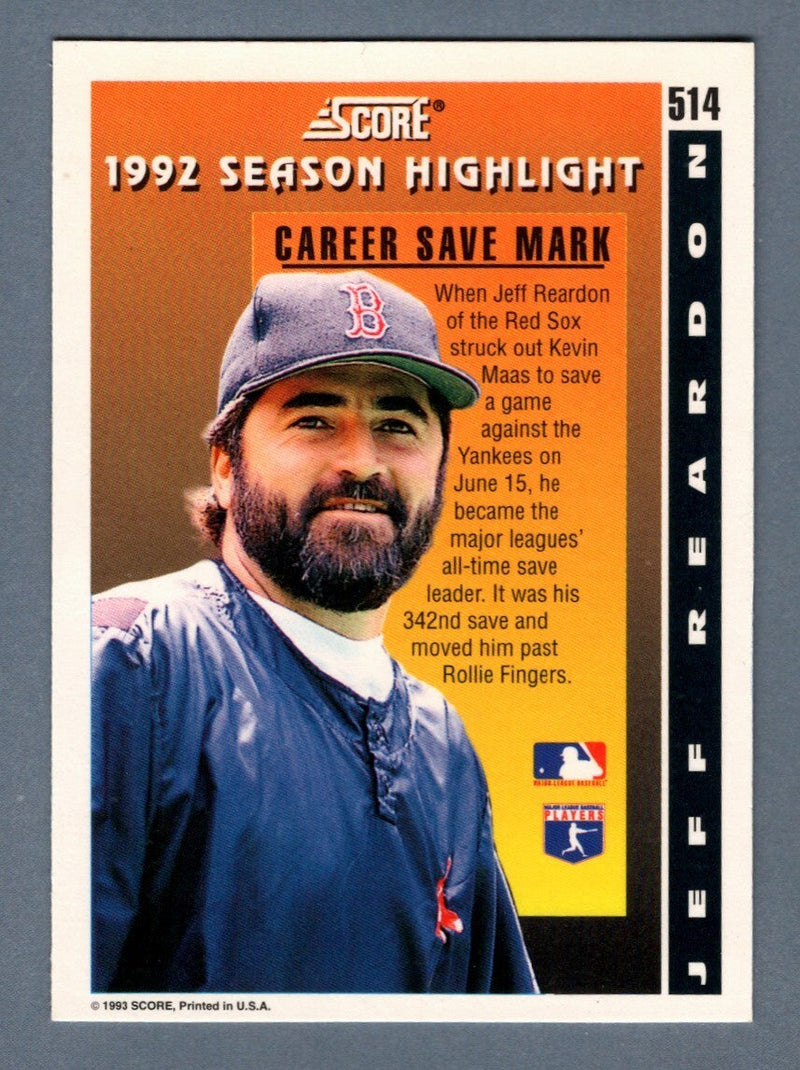 Jeff Reardon Signed 1993 Score Career Save Mark #514 w/ 367 SV LSCM COA Red Sox
