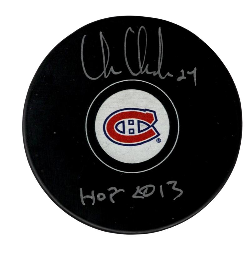 Chris Chelios Signed Auto Montreal Canadiens Puck w HOF 2013 Beckett Wit BAS COA
