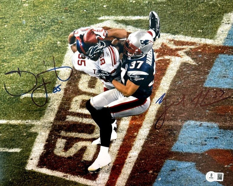 David Tyree & Rodney Harrison Dual Signed SB Helmet 11x14 Photo Beckett BAS COA