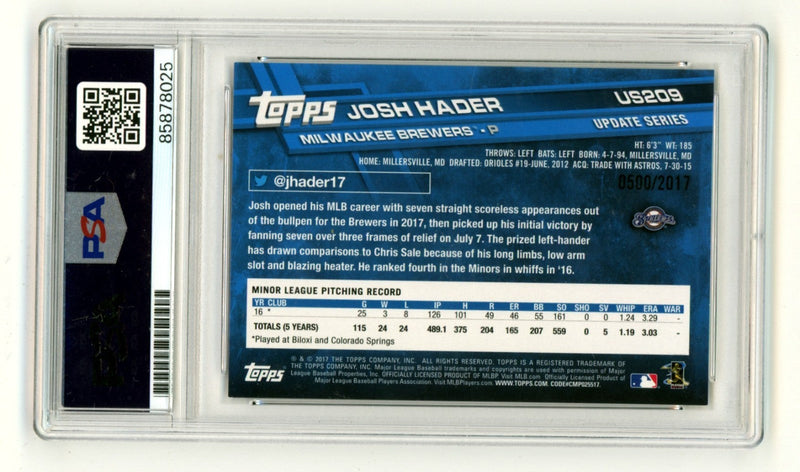 Josh Hader 2017 Topps Update Series Gold Signed Auto Rookie RC /2017 PSA 10 Auto