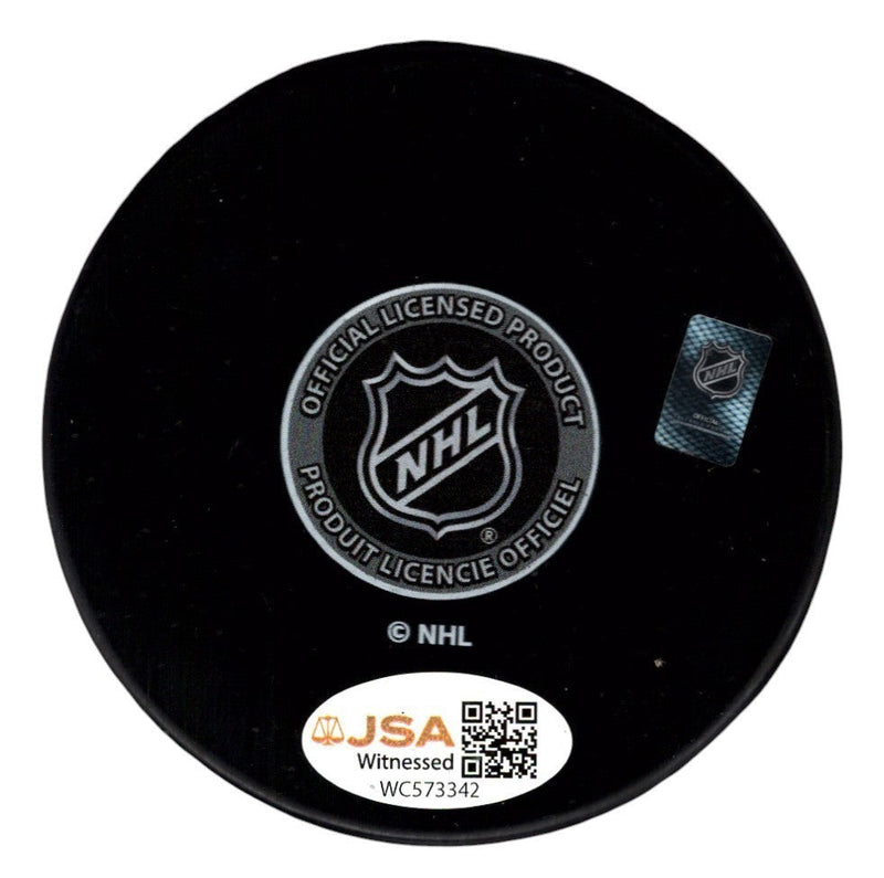 Joe Mullen Signed Autographed Flames Logo Puck w/ HOF 2000 JSA Witness COA