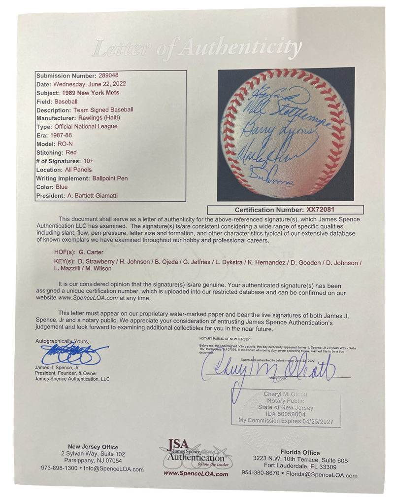 1989 New York Mets Team Signed Autograph ONL National League Baseball JSA LOA B