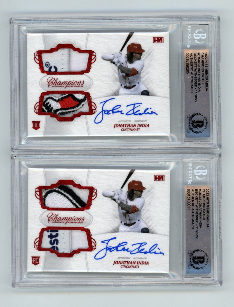 Jonathan India 2021 Hits Memorabilia Champions Red Patch Dual Auto RC /2 BGS BAS