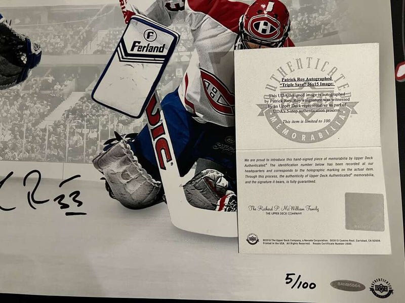 Patrick Roy Signed Auto 36x15 Photo "Triple Save" 5/100 Upper Deck UDA COA