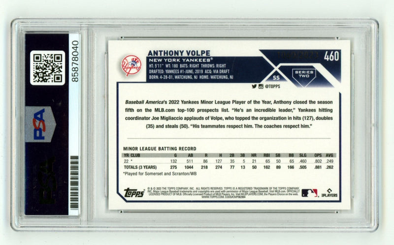 Anthony Volpe 2023 Topps Series 2 #460 Gold Parallel Signed RC /2023 PSA 10 Auto