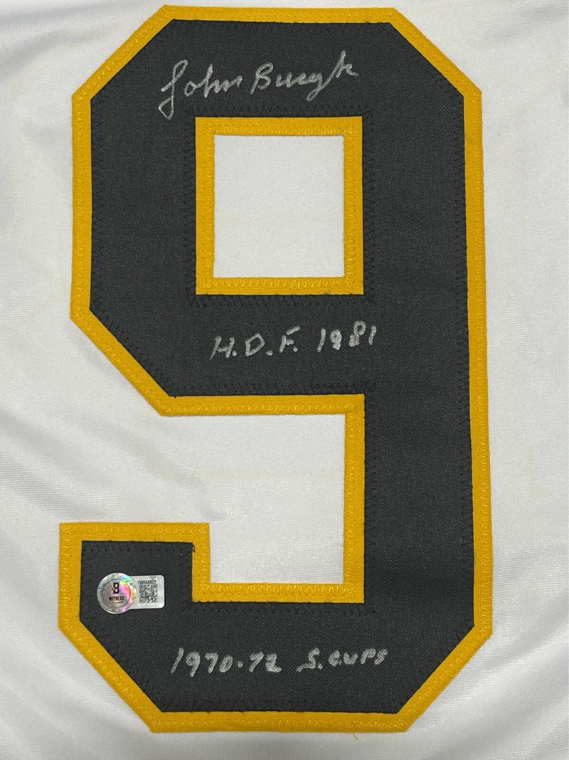 Johnny Bucyk Signed Boston Bruins Custom Jersey w/ HOF + SC Beckett BAS COA