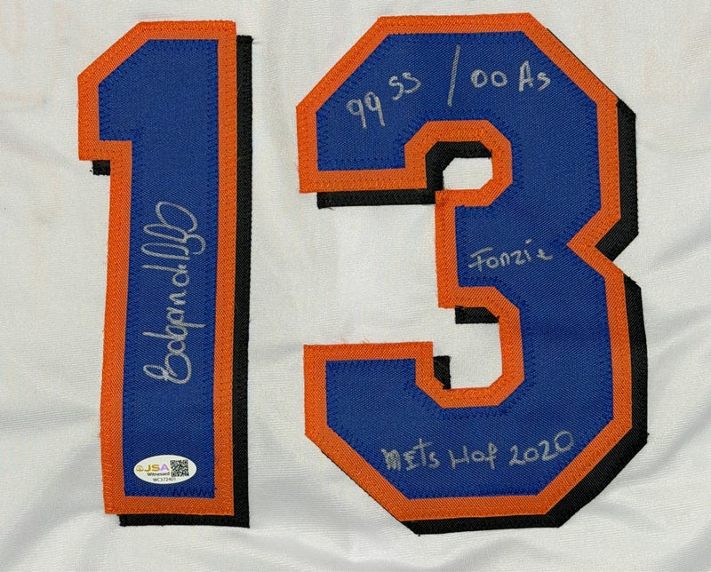 Edgardo Alfonzo Signed New York Mets Custom Jersey w/ 4 Insc JSA Witness COA