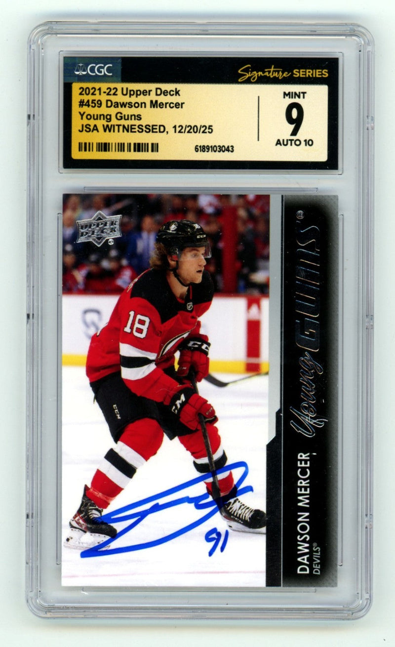 Dawson Mercer 2021-22 Upper Deck #459 Young Guns RC Signed JSA CGC 9 10 Auto
