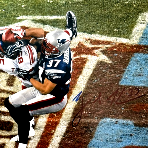 David Tyree & Rodney Harrison Dual Signed SB Helmet 11x14 Photo Beckett BAS COA