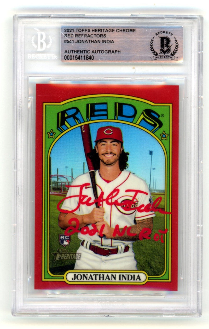 Jonathan India 2021 Topps Heritage Chrome Red Ref Auto /372 RC Insc BGS BAS Auto