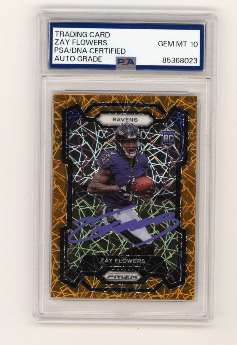 Zay Flowers 2023 Panini Prizm Orange Lazer 307 Rookie RC Signed 10 Auto PSA DNA