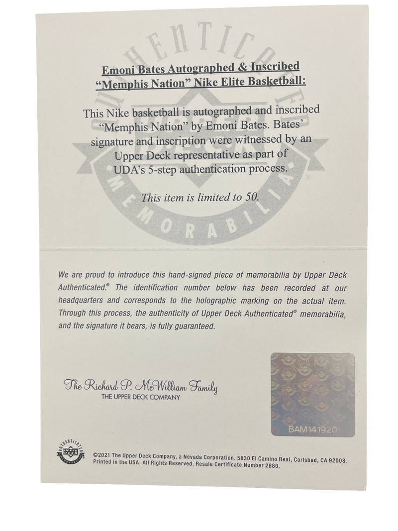 Emoni Bates Signed Nike Elite Basketball 1/50 Memphis Nation Upper Deck UDA COA