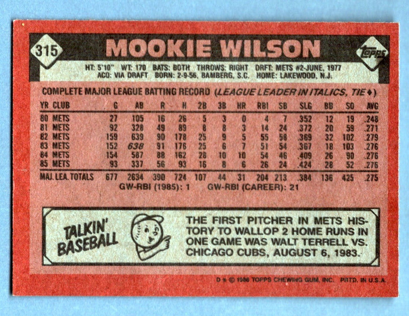 Mookie Wilson Signed 1986 Topps #315 LSCM COA New York Mets