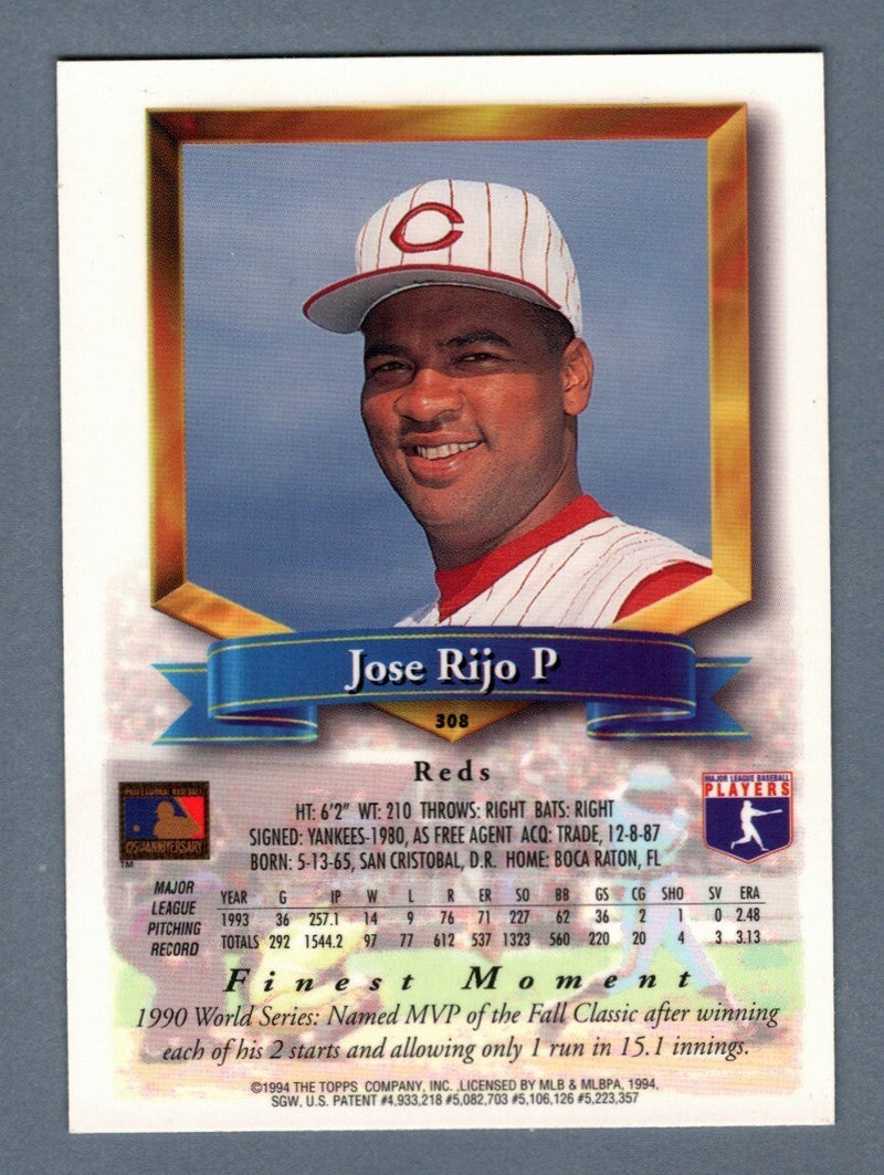 Jose Rijo Signed 1994 Topps Finest Baseball #308 LSCM COA Cincinnati Reds