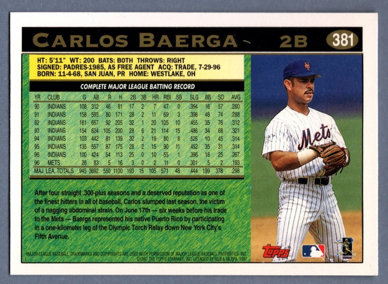 Carlos Baerga Signed 1997 Topps #381 LSCM COA New York Mets