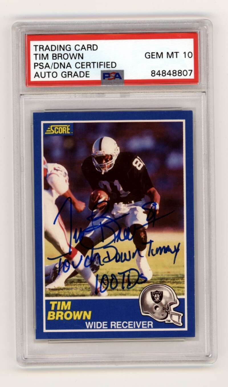 Tim Brown 1989 Score Football #86 Rookie RC w/ 2 Insc Signed PSA 10 Auto HOF A