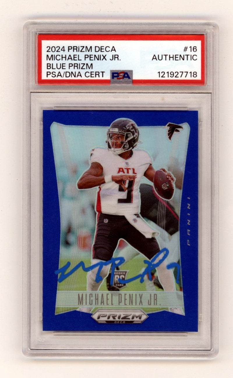 Michael Penix Jr. 2024 Panini Prizm Deca Signed Blue Prizm RC #112/149 PSA Auto