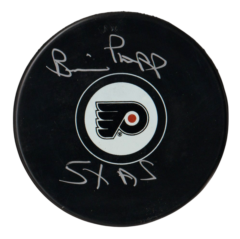 Brian Propp Signed Philadelphia Flyers Logo Puck w 5x AS Beckett Witness BAS COA