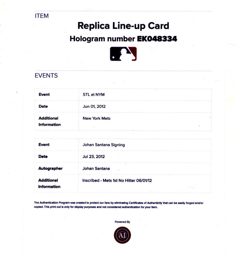Johan Santana Signed No Hitter Replica Lineup Card w/ Mets 1st No Hitter MLB COA