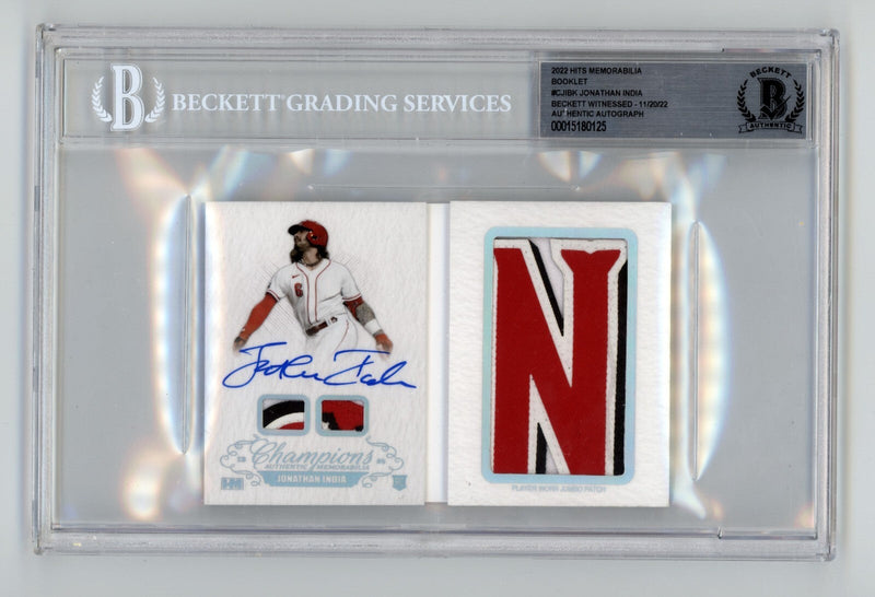 Jonathan India 2021 Hits Memorabilia Champions Letter Patch Auto Booklet #/6 BGS