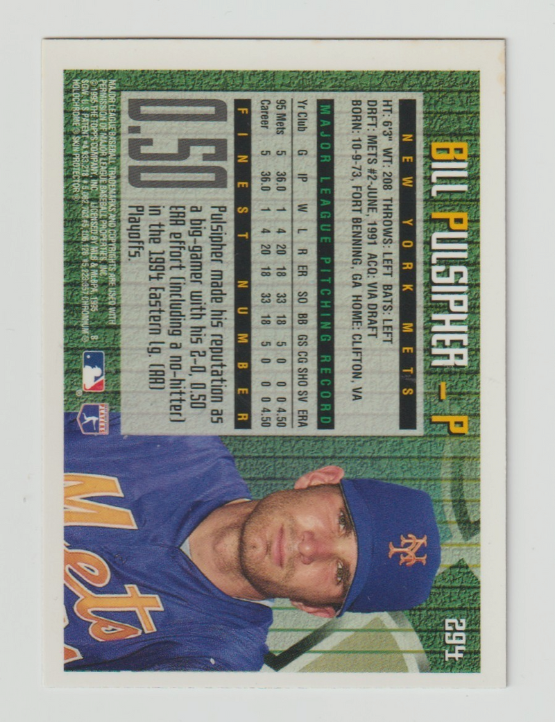 Bill Pulsipher Signed 1995 Topps Finest #294 w/ Generation K  LSCM COA NY Mets