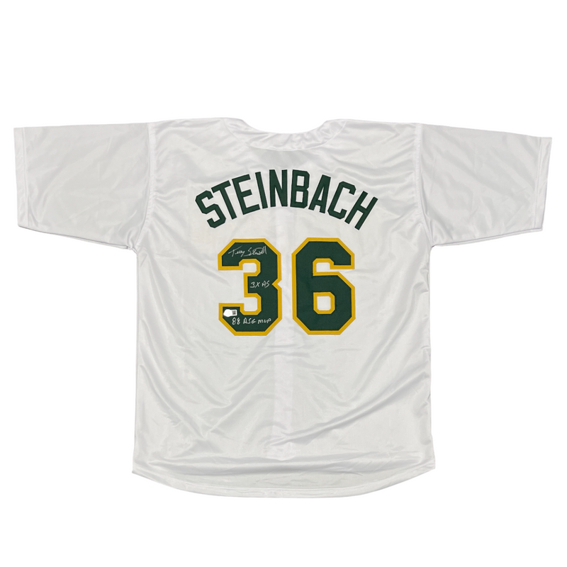 Terry Steinbach Signed Athletics Custom Jersey w/ 2 Ins Beckett Wit BAS COA