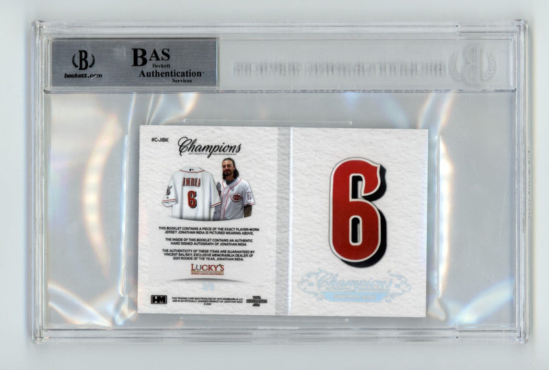 Jonathan India 2021 Hits Memorabilia Champions Letter Patch Auto Booklet #/6 BGS