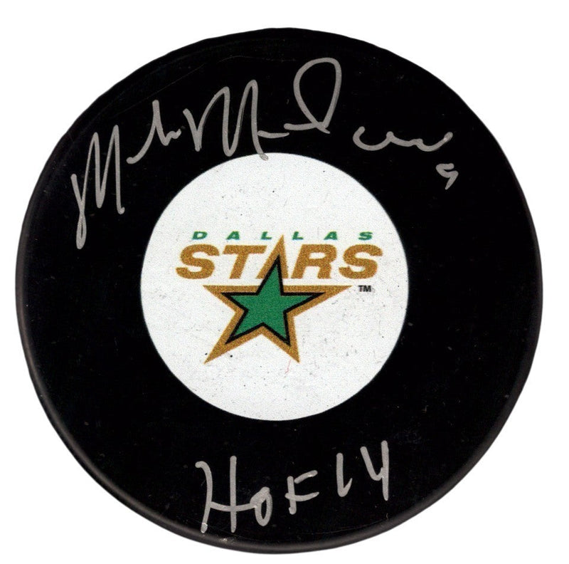Mike Modano Signed Autographed Stars Logo Puck w/ HOF 2014 JSA Witness COA