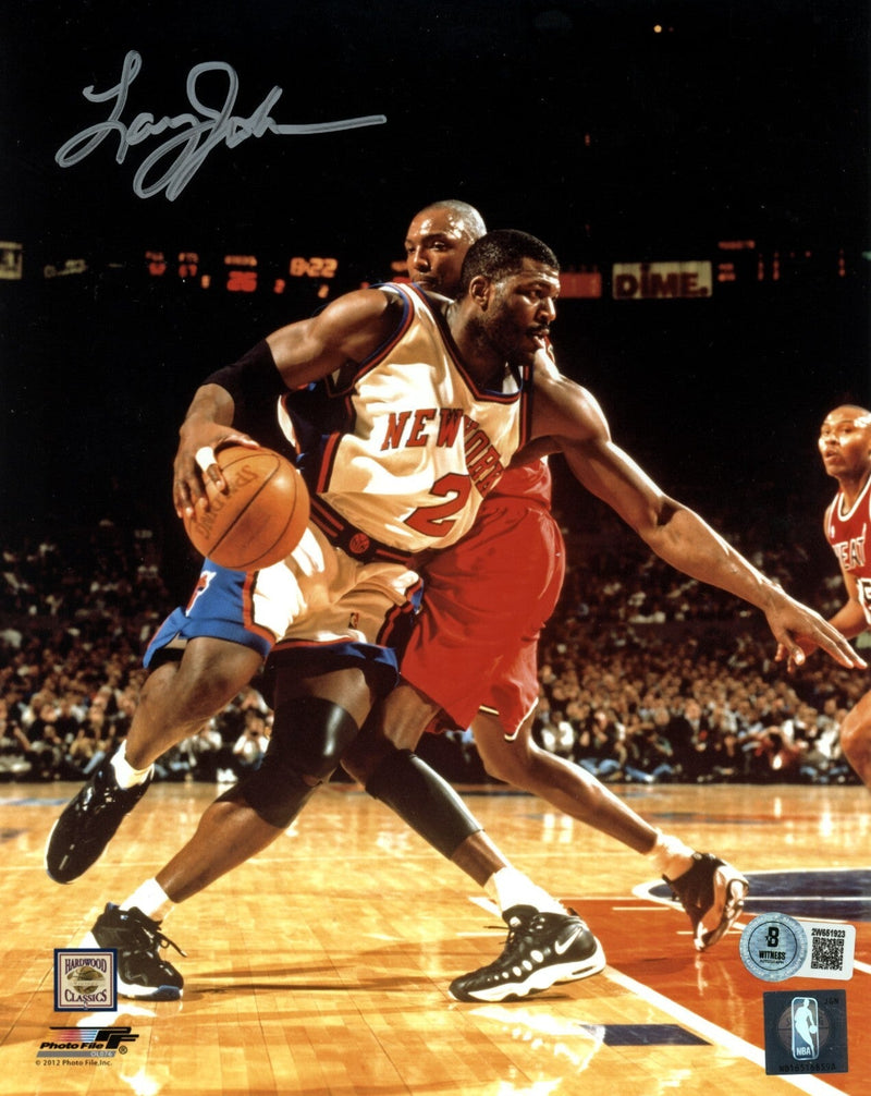 Larry Johnson Signed New York Knicks 8x10 Photo File Beckett Witness BAS COA #1