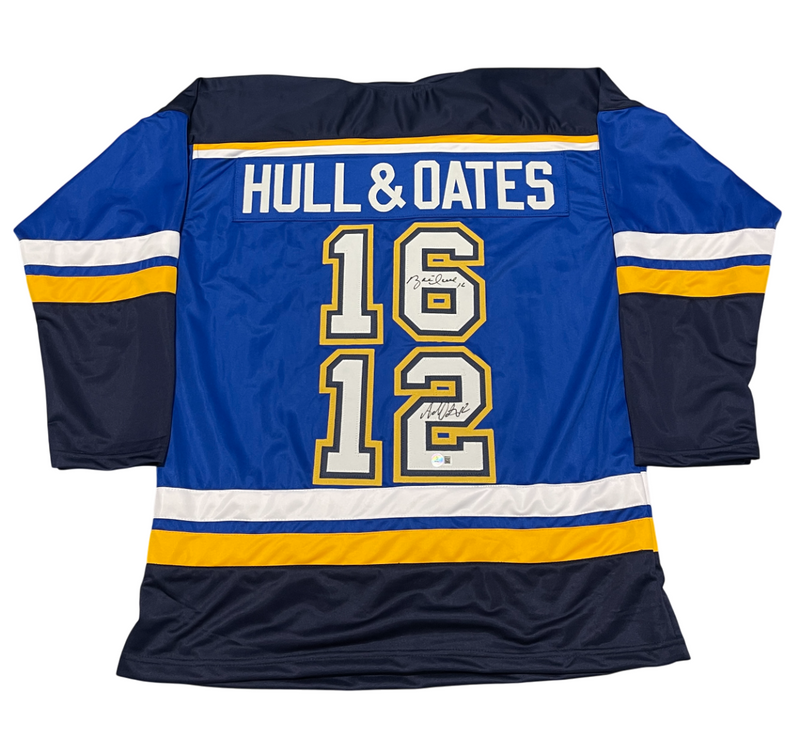Brett Hull & Adam Oates Dual Signed Blues Custom Jersey Beckett Witness BAS COA