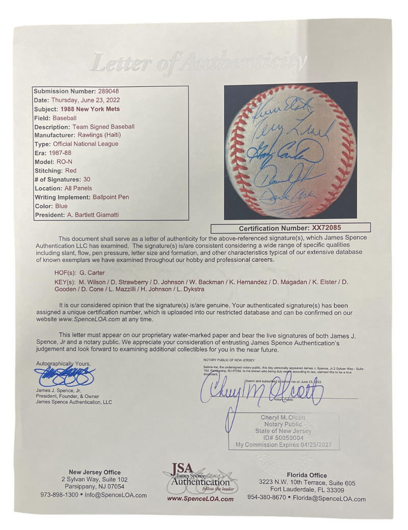1988 New York Mets Team Signed Autograph ONL National League Baseball JSA LOA C