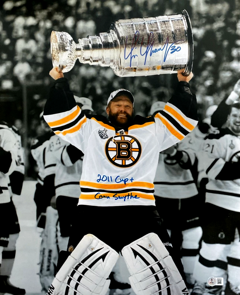 Tim Thomas Signed Bruins 16x20 Photo w/ 2011 Cup + Conn Smythe Beckett W BAS COA