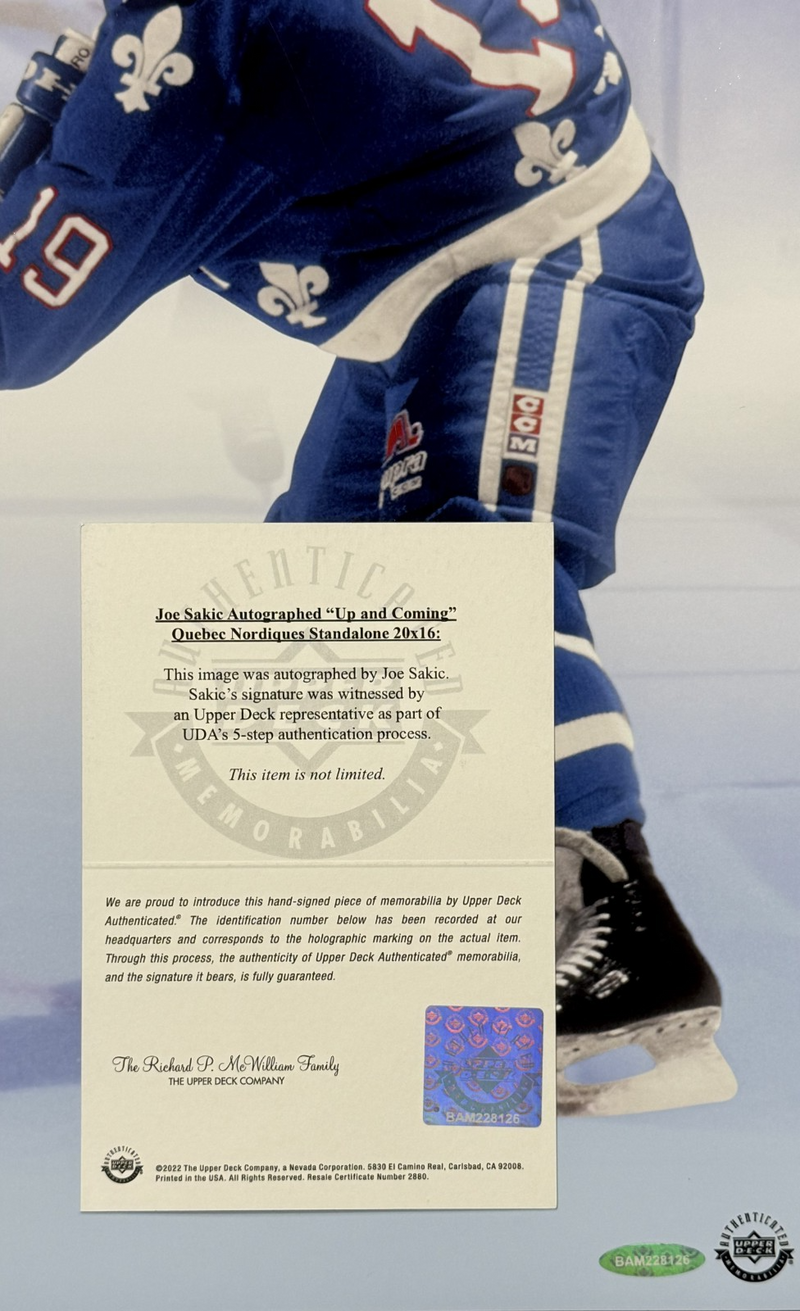 Joe Sakic Signed Up and Coming 16x20 Photo Upper Deck UDA COA Quebec Nordiques