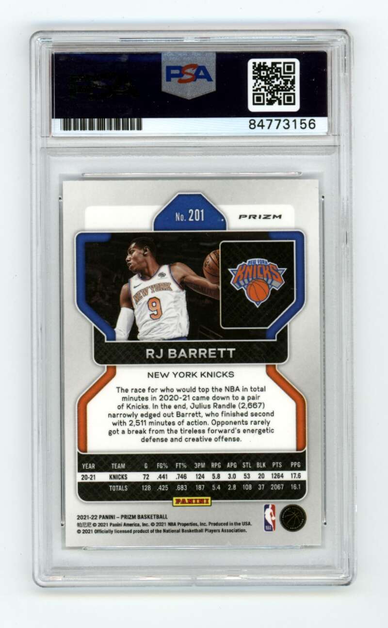 RJ Barrett 2021-22 Panini Prizm #201 White Sparkle SP Signed PSA 9 Auto Knicks