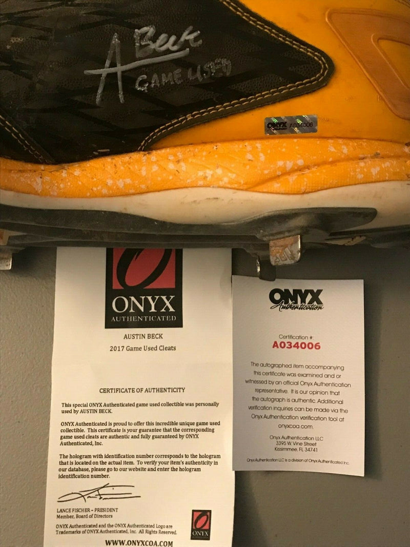 Austin Beck Signed Auto Autographed Game Used Cleats (PAIR) Onyx COA Athletics