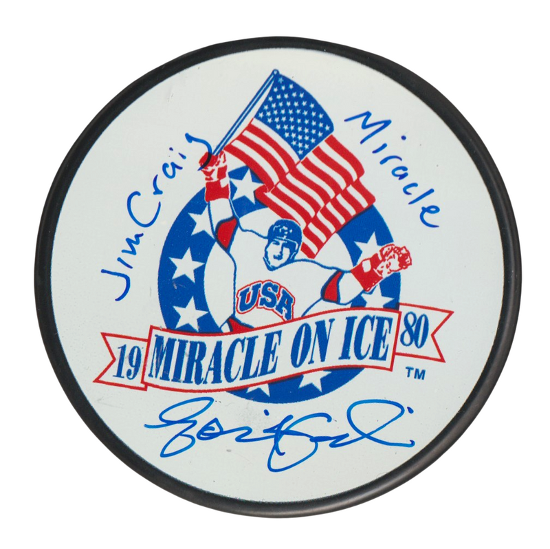 Eddie Cahill Signed Miracle on Ice Logo Puck w/ Jim Craig + Ins. Beckett BAS COA