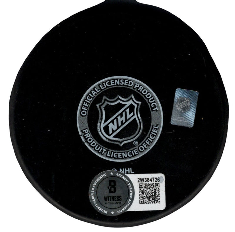 Grant Fuhr Signed Edmonton Oilers Logo Puck w/ HOF 03 Beckett Witness BAS COA