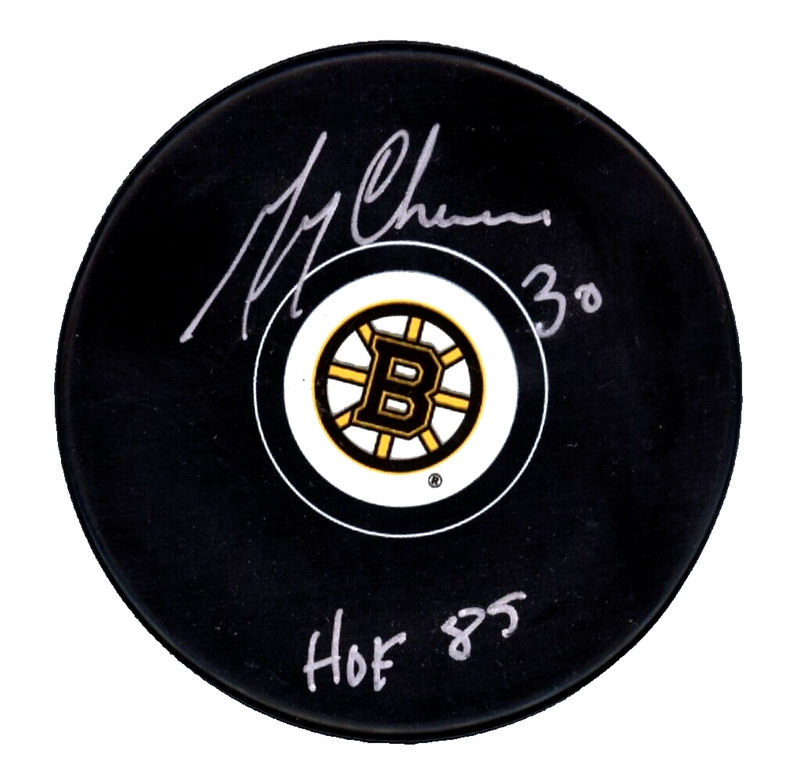 Gerry Cheevers Signed Autographed Boston Bruins Logo Puck w/ HOF 85 JSA COA