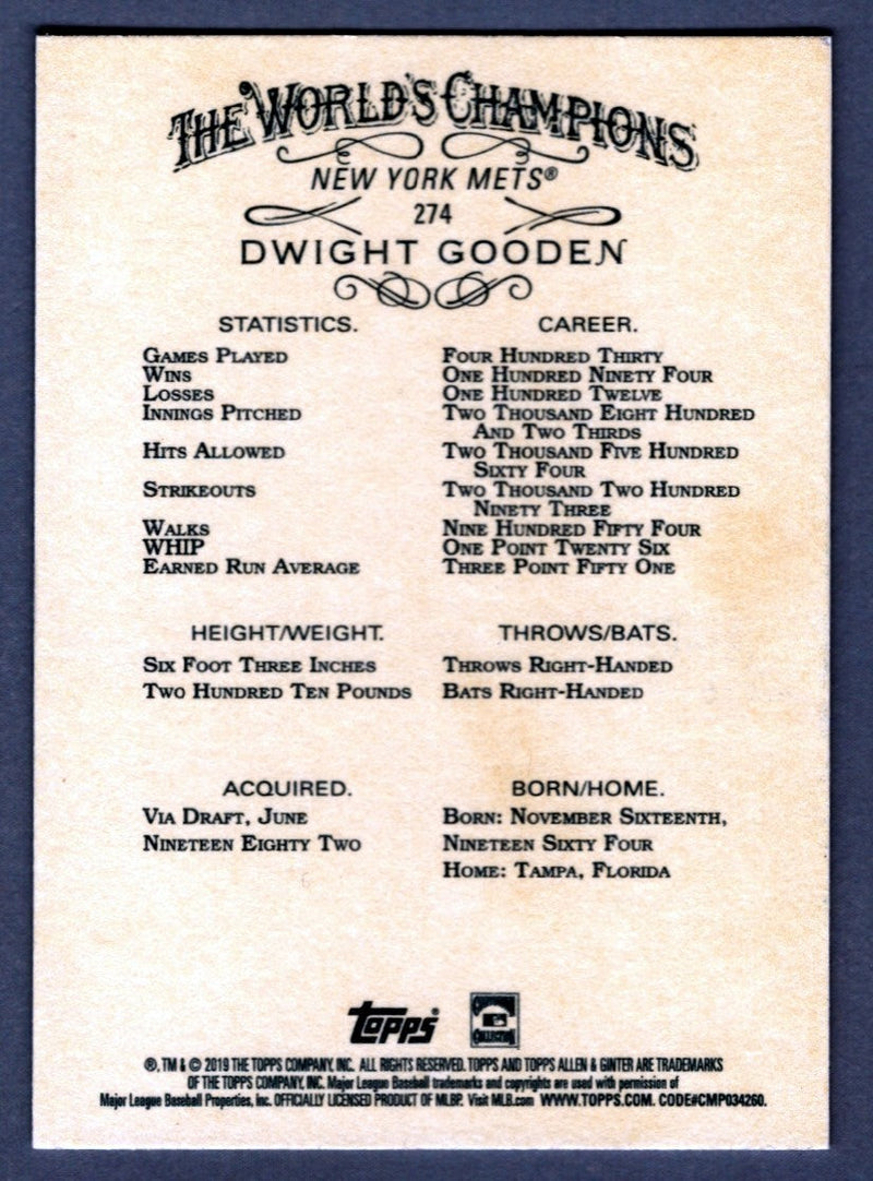 Dwight Doc Gooden Signed 2019 Topps Allen & Ginter Gold Hot Box #274 LSCM COA