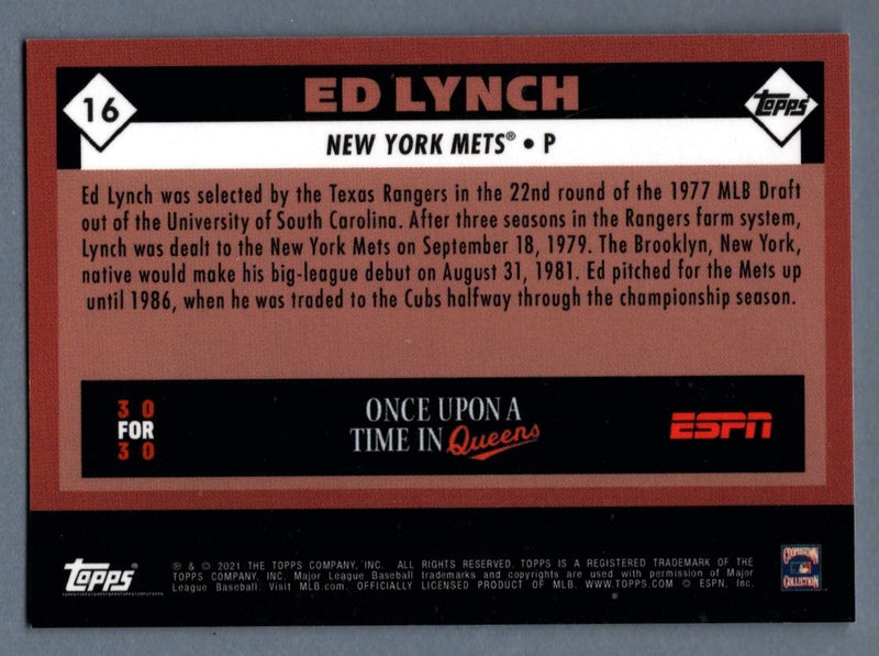 Ed Lynch Signed 2021 Topps Once Upon a Time in Queens #16 B/W LSCM COA Mets