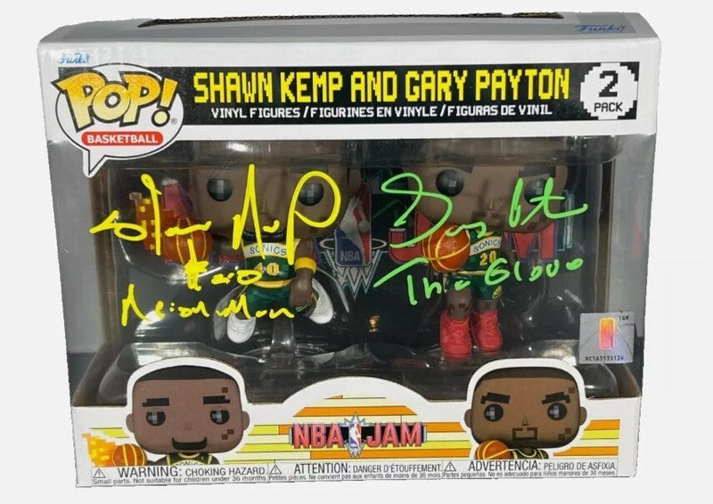 Gary Payton & Shawn Kemp Signed Auto NBA JAM Funko Pop w/ Ins Beckett W BAS COA