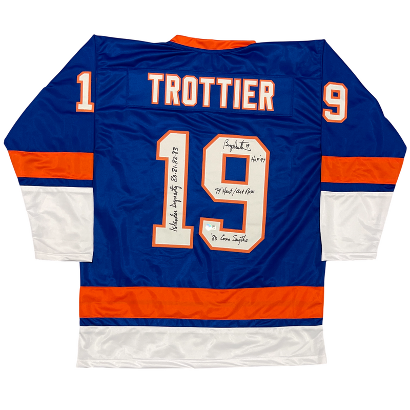 Bryan Trottier Signed Islanders Custom Jersey w/ 5 Insc Beckett Witness BAS COA