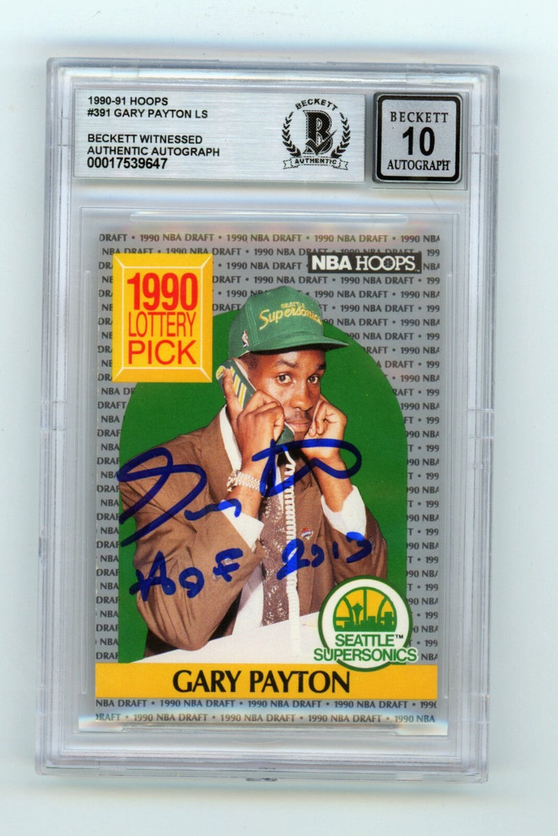 Gary Payton 1990-91 Hoops #391 Rookie RC Signed w/ HOF 2013 Beckett BGS 10 Auto